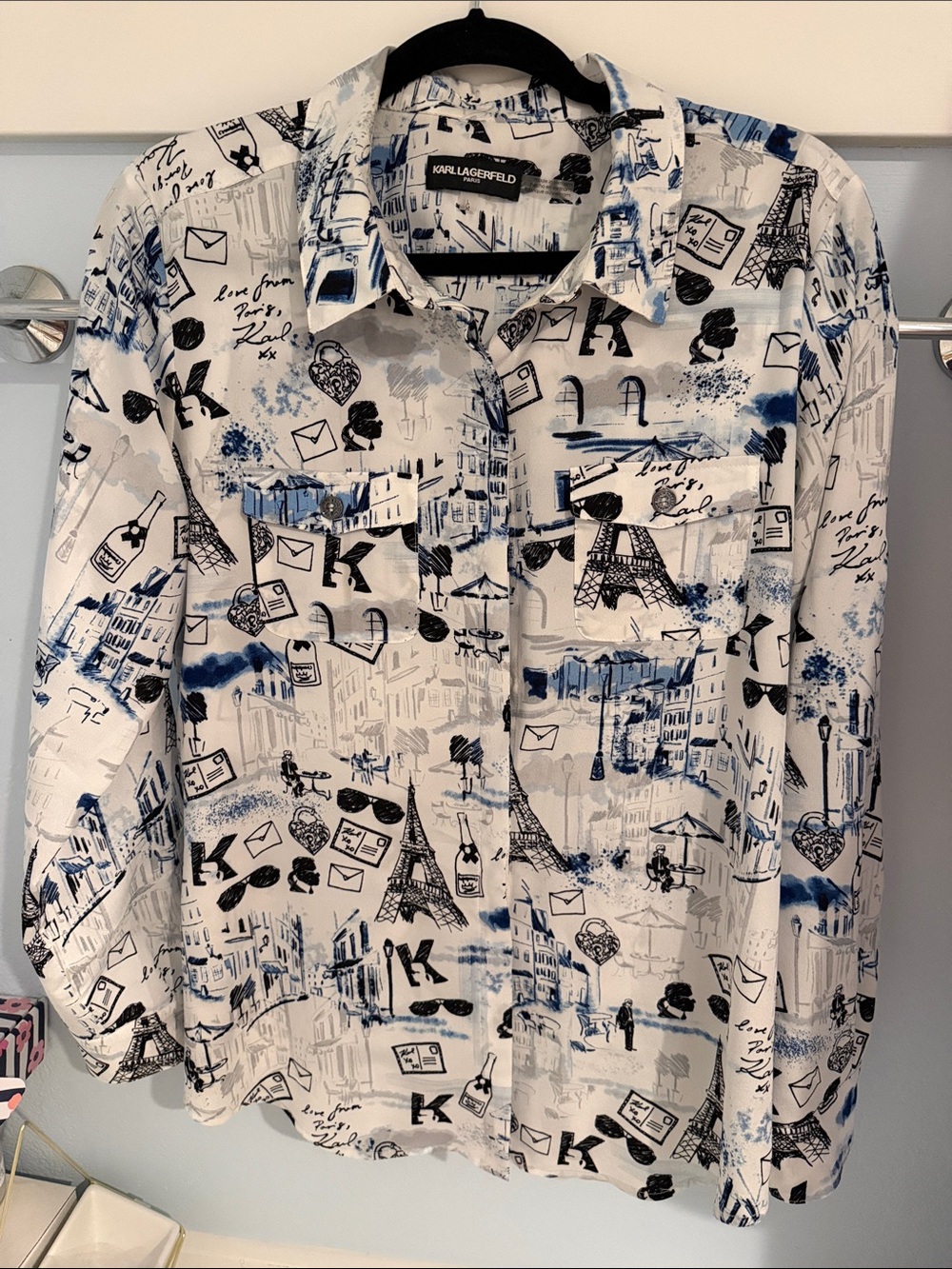 Karl Lagerfeld White Shirt with Navy & Black Paris Sketch Print